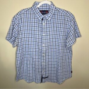 English Laundry Men’s Blue Plaid Linen Blend Button Up Shirt size large